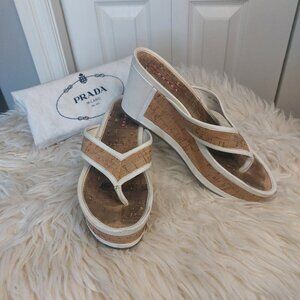 Prada White Platform Wedge Thong Sandals